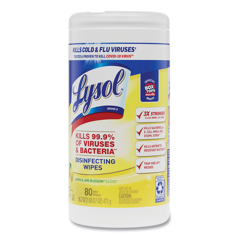 LYSOL Disinfecting Wipes, 7 x 7.25, Lemon and Lime Blossom, 80 Wipes/Canister, 6 Canisters/Carton