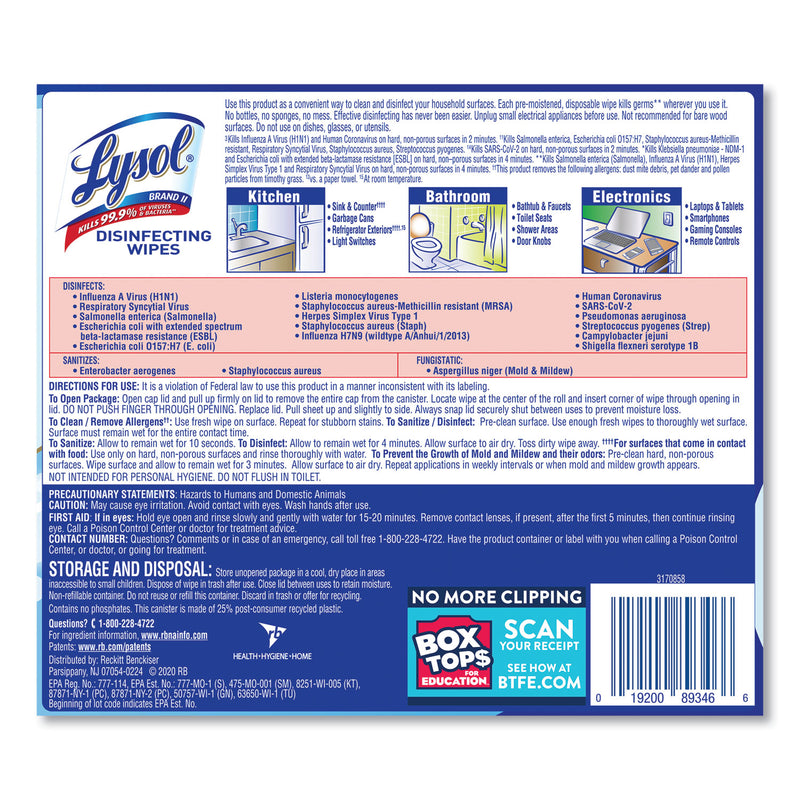 LYSOL Disinfecting Wipes, 7 x 7.25, Crisp Linen, 80 Wipes/Canister, 6 Canisters/Carton