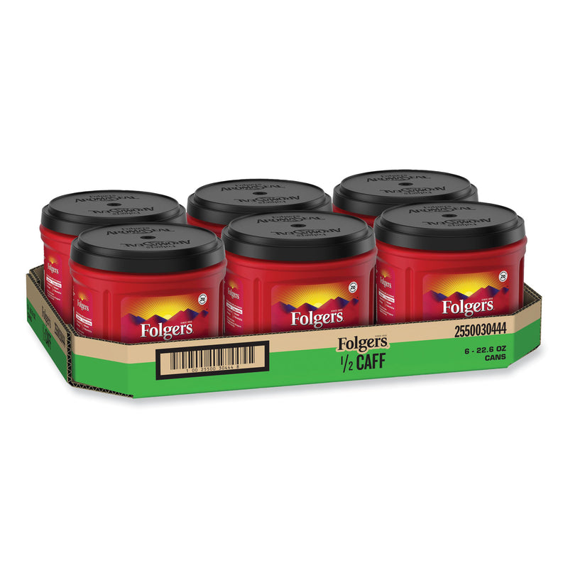 Folgers Coffee, Half Caff, 22.6 oz Canister, 6/Carton