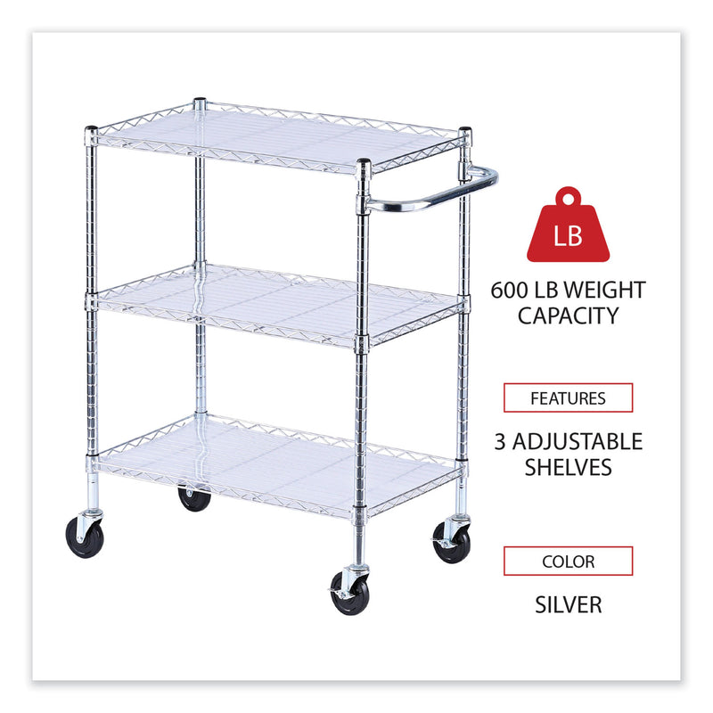 Alera Three-Shelf Wire Cart with Liners, Metal, 3 Shelves, 600 lb Capacity, 34.5" x 18" x 40", Silver