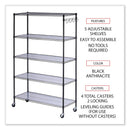 Alera 5-Shelf Wire Shelving Kit with Casters and Shelf Liners, 48w x 18d x 72h, Black Anthracite