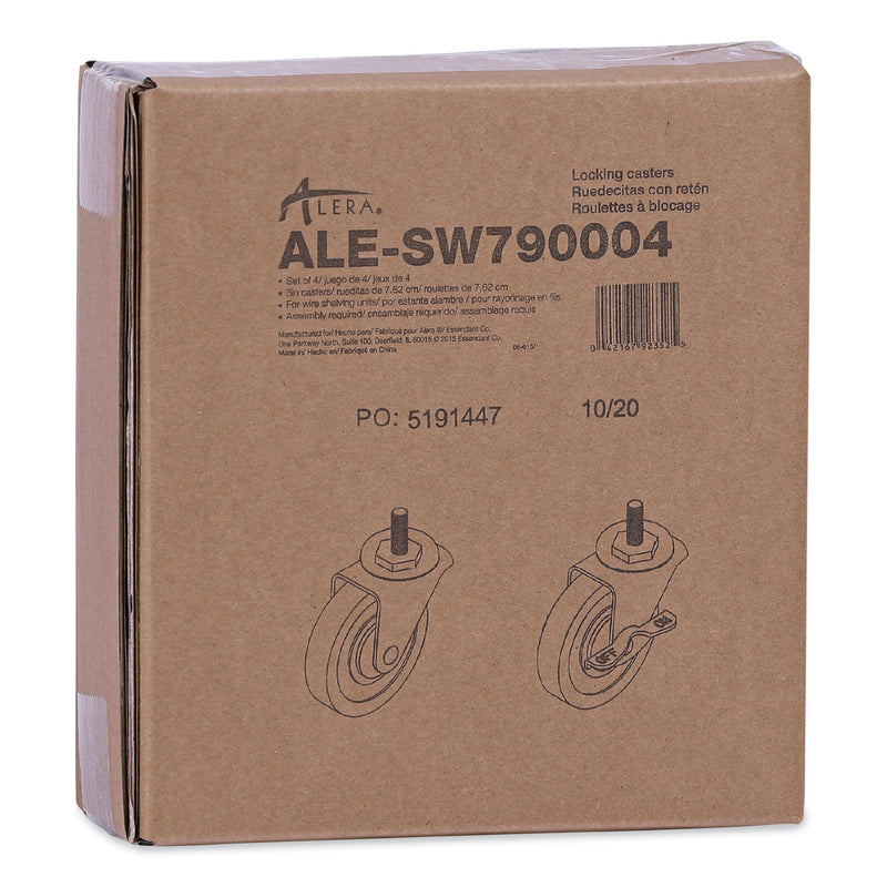 Alera Optional Casters for Wire Shelving, Grip Ring Stem, 3" Wheel, Black, 4/Set (2 Locking)