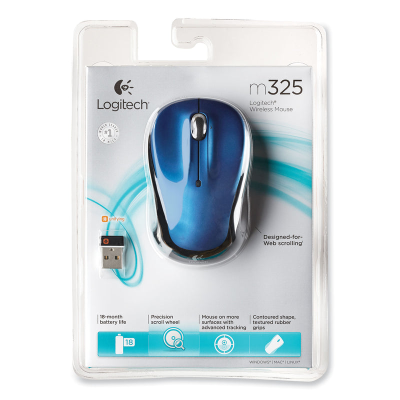 Logitech M325 Wireless Mouse, 2.4 GHz Frequency/30 ft Wireless Range, Left/Right Hand Use, Blue