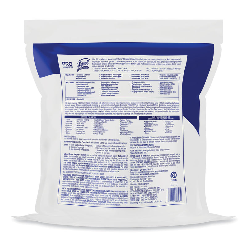 LYSOL Professional Disinfecting Wipe Bucket Refill, 6 x 8, Lemon and Lime Blossom, 800 Wipes/Bag, 2 Refill Bags/Carton
