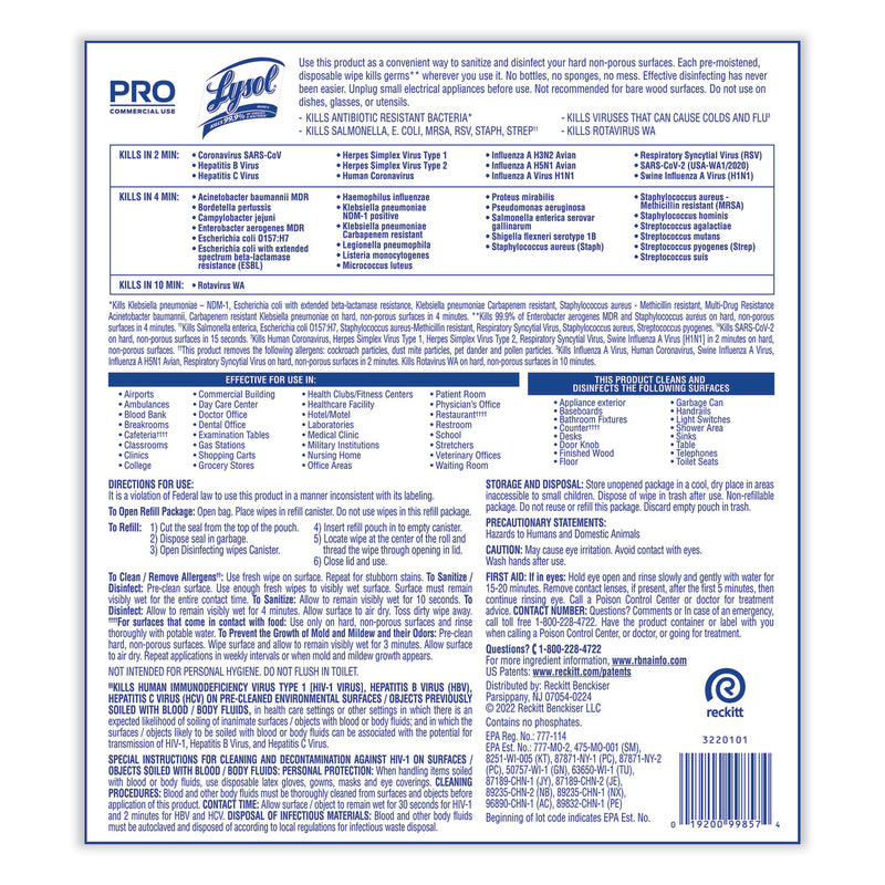 LYSOL Professional Disinfecting Wipe Bucket Refill, 6 x 8, Lemon and Lime Blossom, 800 Wipes/Bag, 2 Refill Bags/Carton