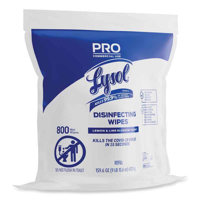 LYSOL Professional Disinfecting Wipe Bucket Refill, 6 x 8, Lemon and Lime Blossom, 800 Wipes/Bag, 2 Refill Bags/Carton