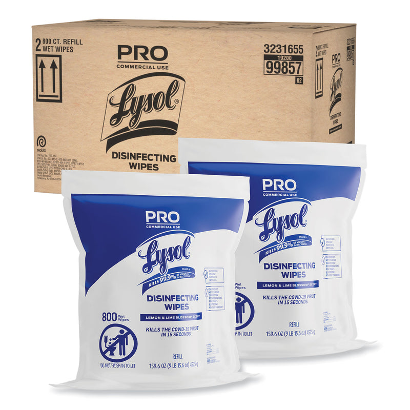 LYSOL Professional Disinfecting Wipe Bucket Refill, 6 x 8, Lemon and Lime Blossom, 800 Wipes/Bag, 2 Refill Bags/Carton