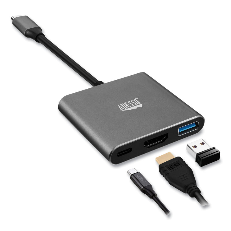 Adesso 3-in-1 USB-C Multi-Port TAA Compliant Docking Station, HDMI, USB-C, USB 3 A+PD, Black/Gray