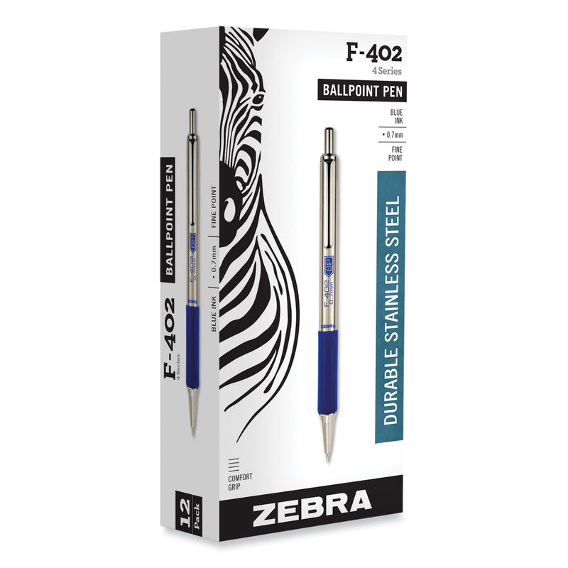 Zebra F-402 Ballpoint Pen, Retractable, Fine 0.7 mm, Blue Ink, Stainless Steel/Blue Barrel