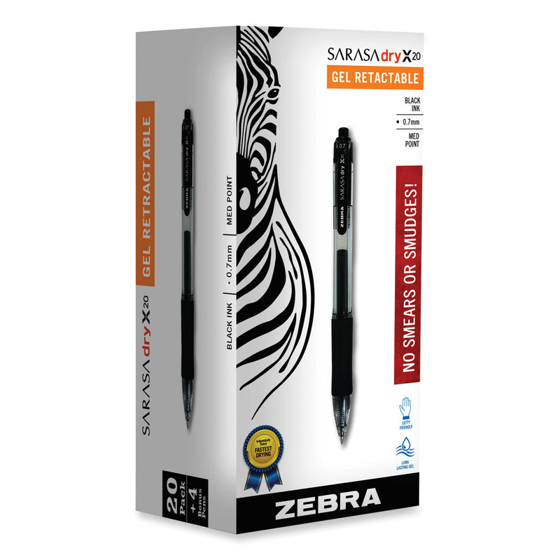 Zebra Sarasa Dry Gel X20 Gel Pen Value Pack, Retractable, Medium 0.7 mm, Black Ink, Smoke Barrel, 24/Box