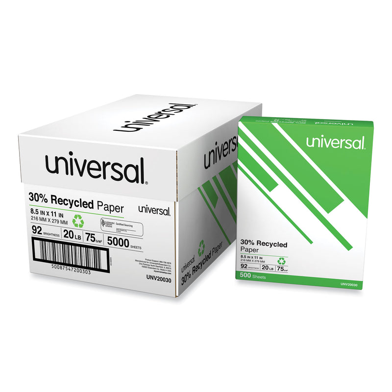 Universal 30% Recycled Copy Paper, 92 Bright, 20 lb Bond Weight, 8.5 x 11, White, 500 Sheets/Ream, 10 Reams/Carton
