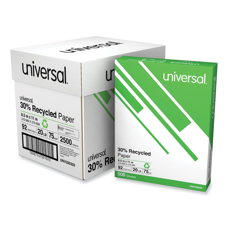 Universal 30% Recycled Copy Paper, 92 Bright, 20 lb Bond Weight, 8.5 x 11, White, 500 Sheets/Ream, 5 Reams/Carton