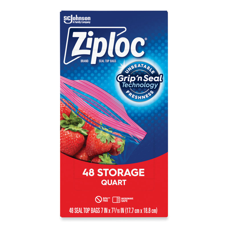 Ziploc Double Zipper Storage Bags, 1 qt, 1.75 mil, 9.63" x 8.5", Clear, 48/Box