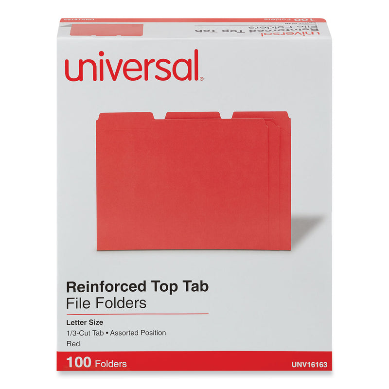 Universal Reinforced Top-Tab File Folders, 1/3-Cut Tabs: Assorted, Letter Size, 1" Expansion, Red, 100/Box