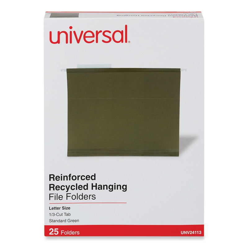 Universal Deluxe Reinforced Recycled Hanging File Folders, Letter Size, 1/3-Cut Tabs, Standard Green, 25/Box