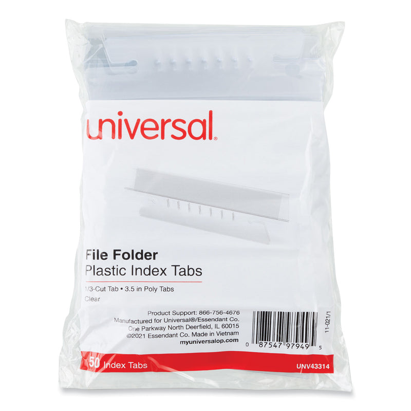 Universal Hanging File Folder Plastic Index Tabs, 1/3-Cut, Clear, 3.7" Wide, 50/Pack