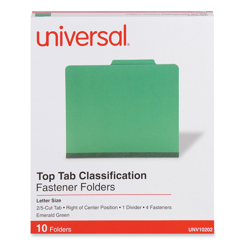 Universal Bright Colored Pressboard Classification Folders, 1 Divider, Letter Size, Emerald Green, 10/Box