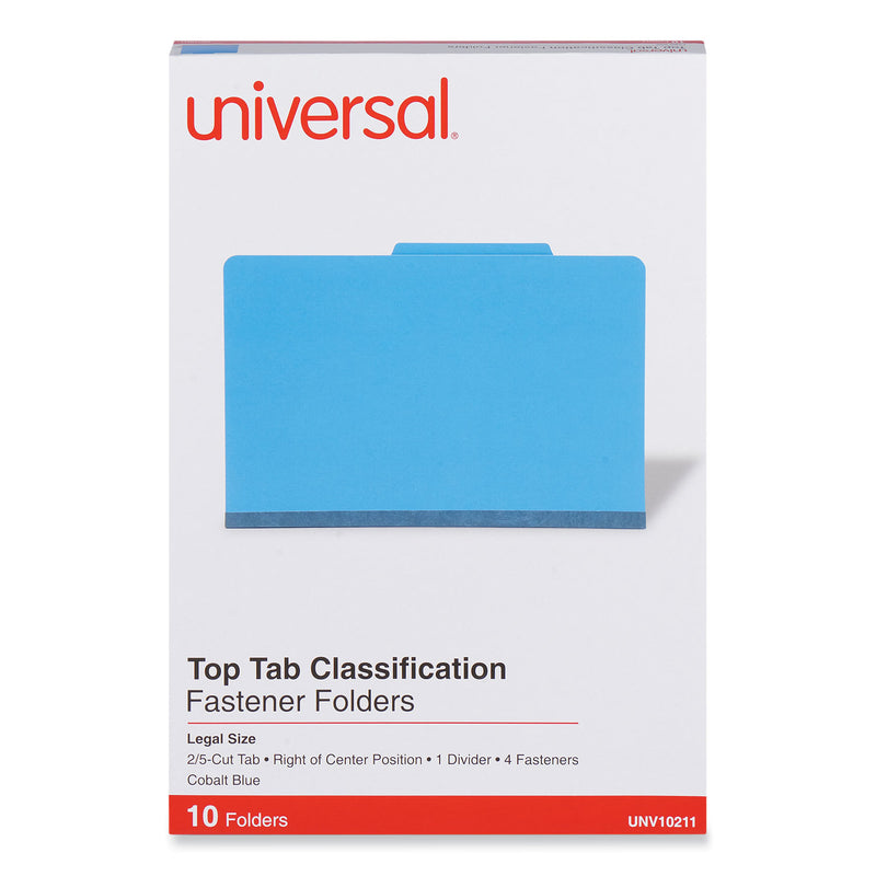 Universal Bright Colored Pressboard Classification Folders, 1 Divider, Legal Size, Cobalt Blue, 10/Box