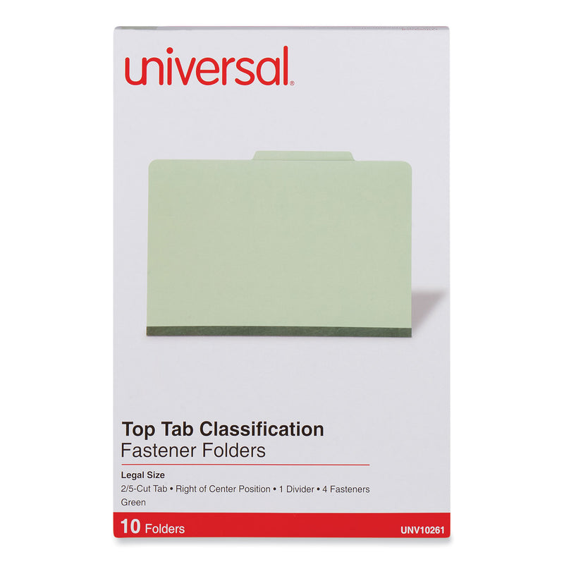 Universal Four-Section Pressboard Classification Folders, 1 Divider, Legal Size, Green, 10/Box