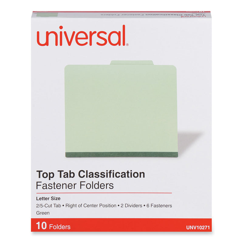 Universal Six--Section Pressboard Classification Folders, 2 Dividers, Letter Size, Green, 10/Box