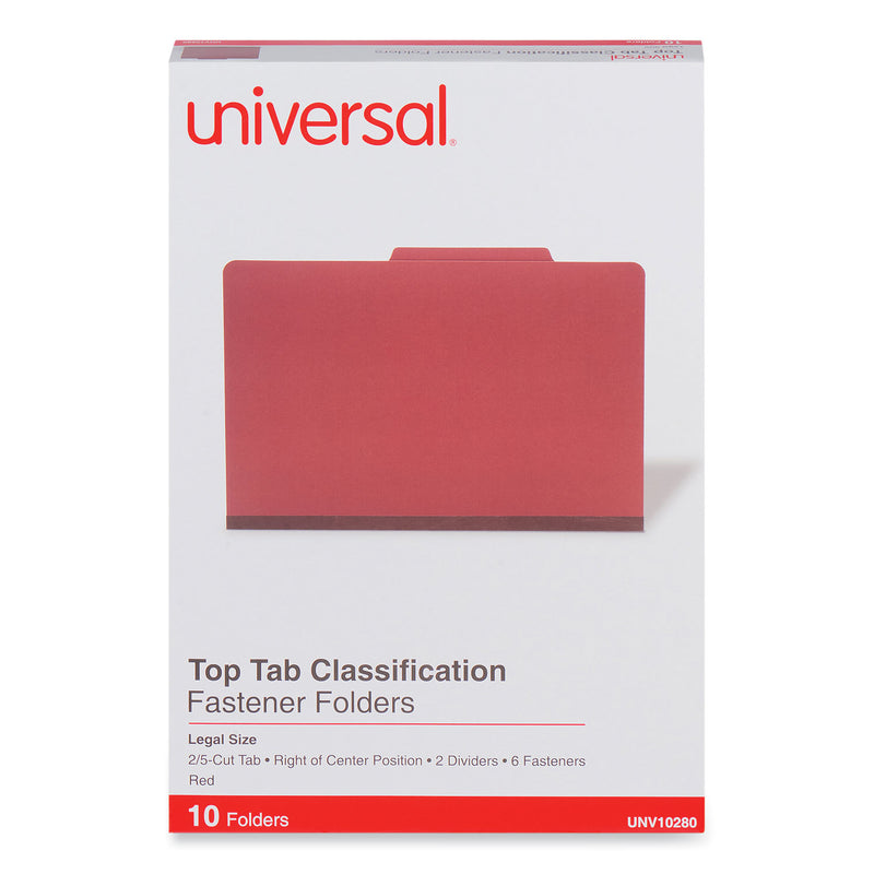 Universal Six--Section Pressboard Classification Folders, 2 Dividers, Legal Size, Red, 10/Box