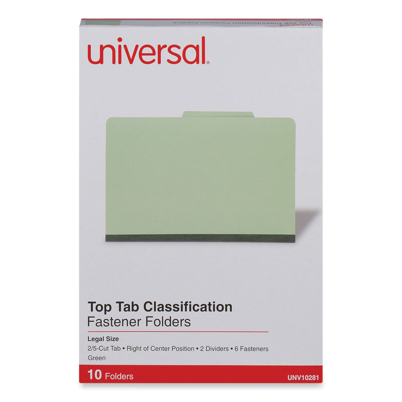 Universal Six--Section Pressboard Classification Folders, 2 Dividers, Legal Size, Green, 10/Box