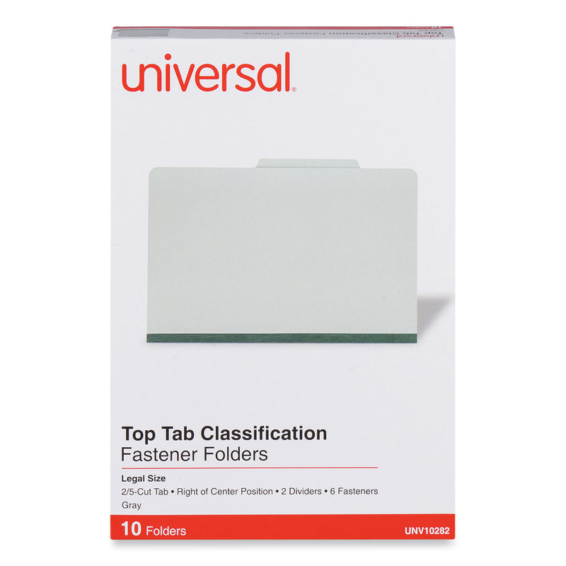 Universal Six--Section Pressboard Classification Folders, 2 Dividers, Legal Size, Gray, 10/Box