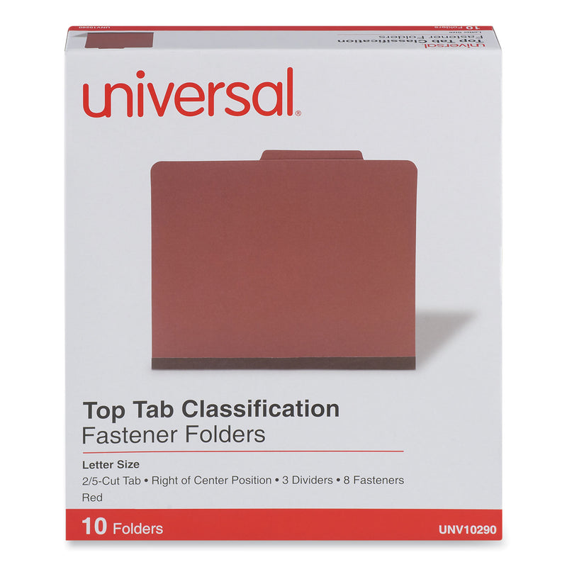 Universal Eight-Section Pressboard Classification Folders, 3 Dividers, Letter Size, Red, 10/Box