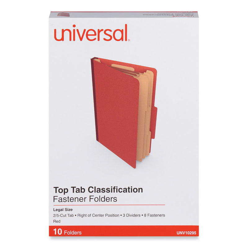 Universal Eight-Section Pressboard Classification Folders, 3 Dividers, Legal Size, Red, 10/Box