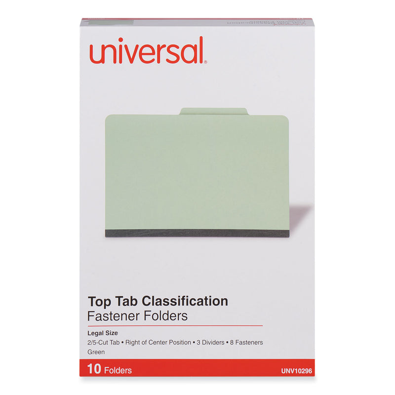 Universal Eight-Section Pressboard Classification Folders, 3 Dividers, Legal Size, Green, 10/Box