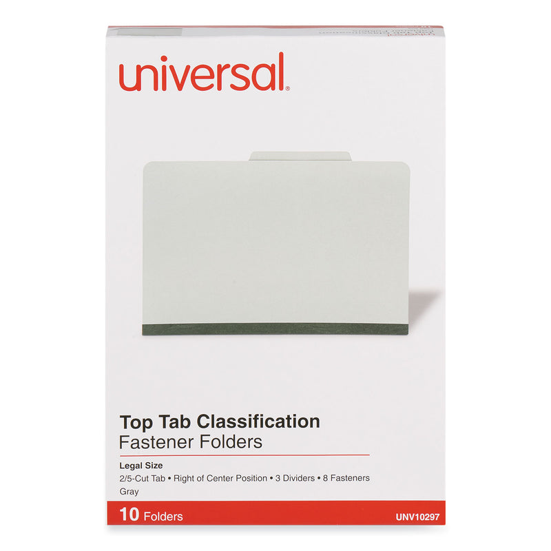 Universal Eight-Section Pressboard Classification Folders, 3 Dividers, Legal Size, Gray, 10/Box
