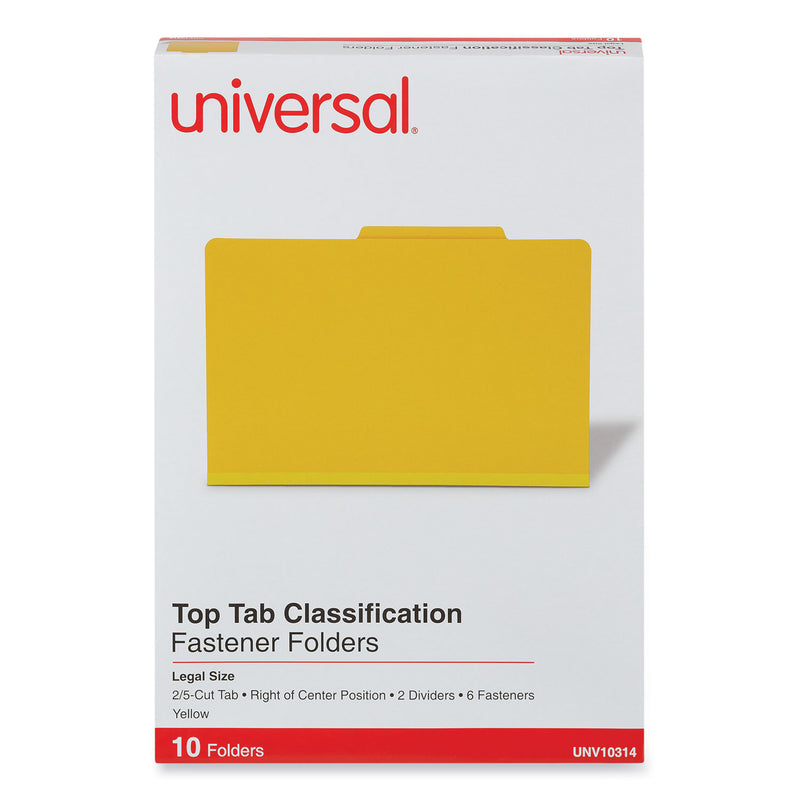 Universal Bright Colored Pressboard Classification Folders, 2 Dividers, Legal Size, Yellow, 10/Box