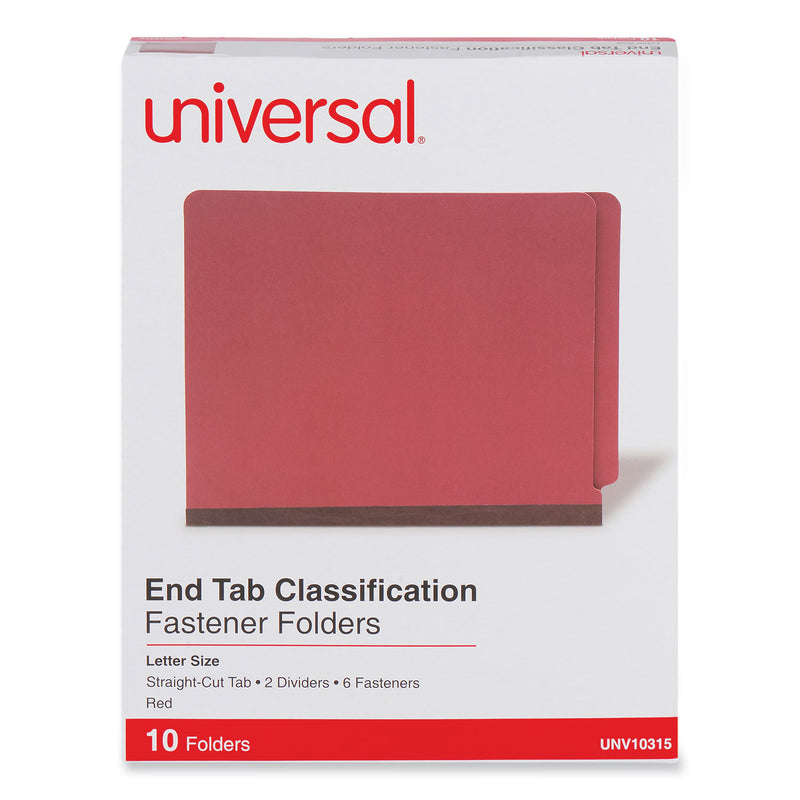 Universal Red Pressboard End Tab Classification Folders, 2 Dividers, Letter Size, Red, 10/Box