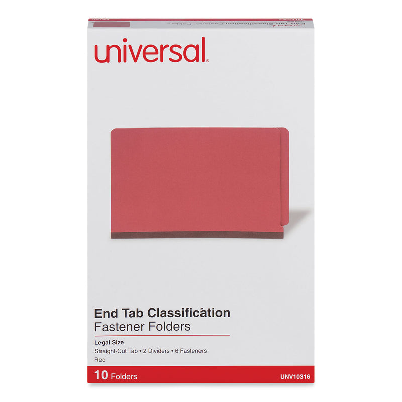 Universal Red Pressboard End Tab Classification Folders, 2 Dividers, Legal Size, Red, 10/Box