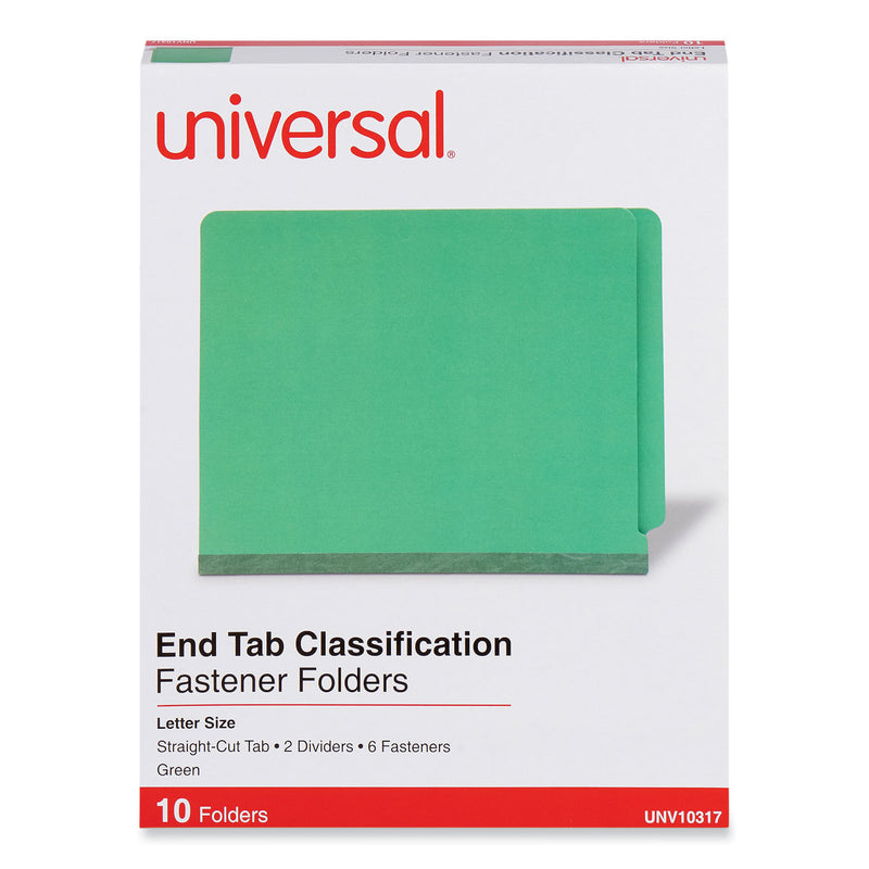 Universal Deluxe Six-Section Colored Pressboard End Tab Classification Folders, 2 Dividers, Letter Size, Green, 10/Box