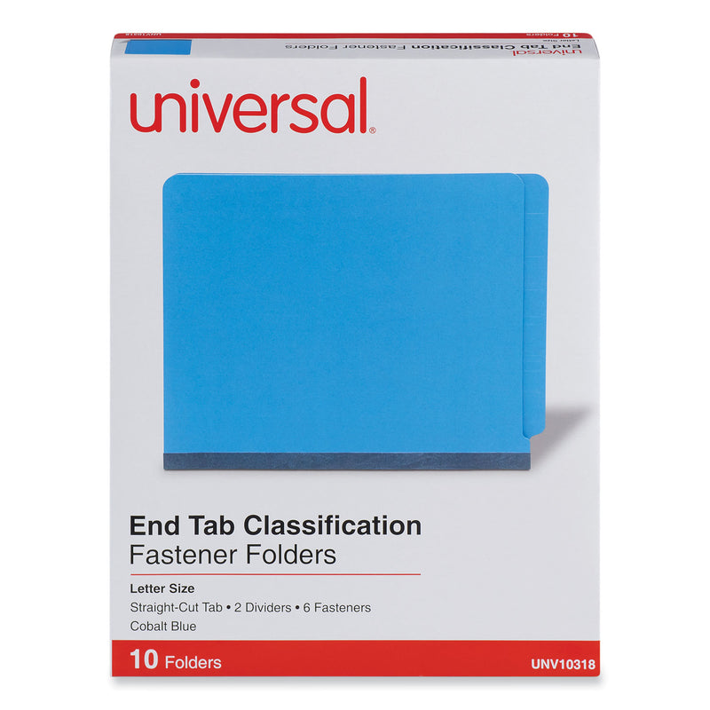 Universal Deluxe Six-Section Colored Pressboard End Tab Classification Folders, 2 Dividers, Letter Size, Cobalt Blue Cover, 10/Box