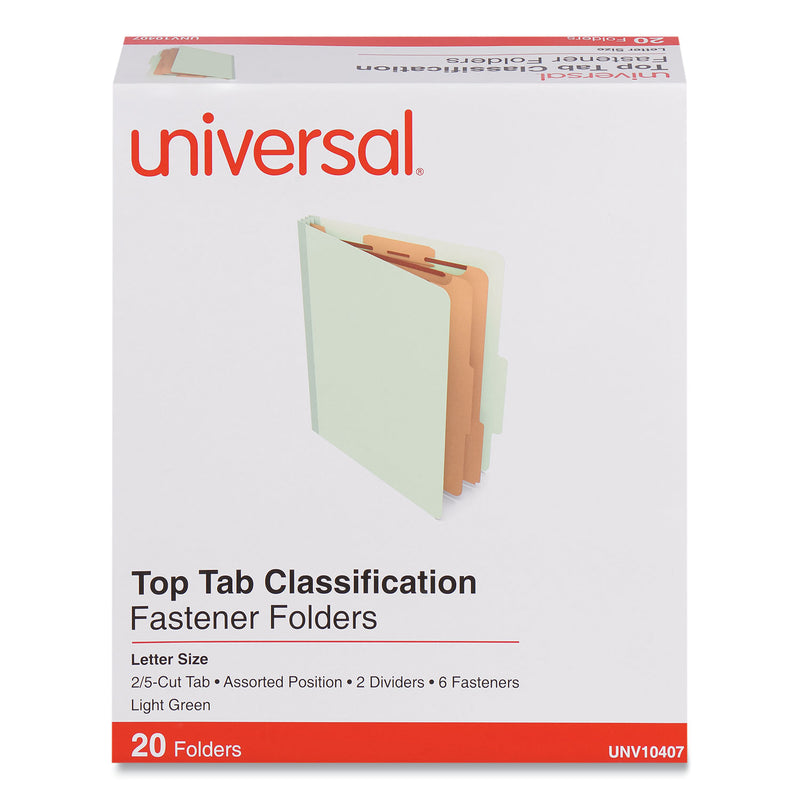 Universal Six-Section Classification Folders, Heavy-Duty Pressboard Cover, 2 Dividers, 2.5" Expansion, Letter Size, Light Green, 20/Bx