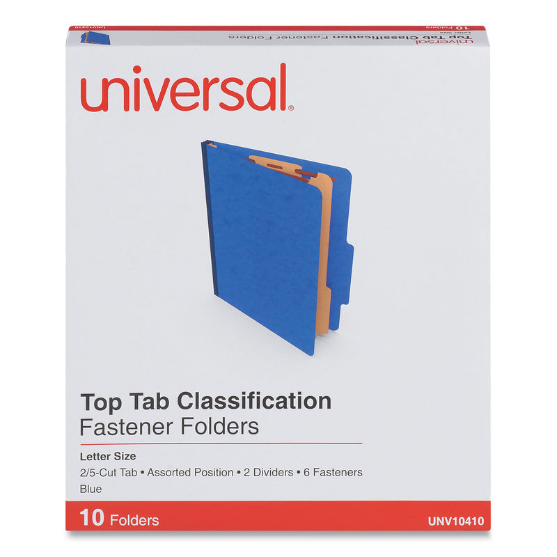 Universal Six-Section Pressboard Classification Folders, 2 Dividers, Letter Size, Blue, 10/Box