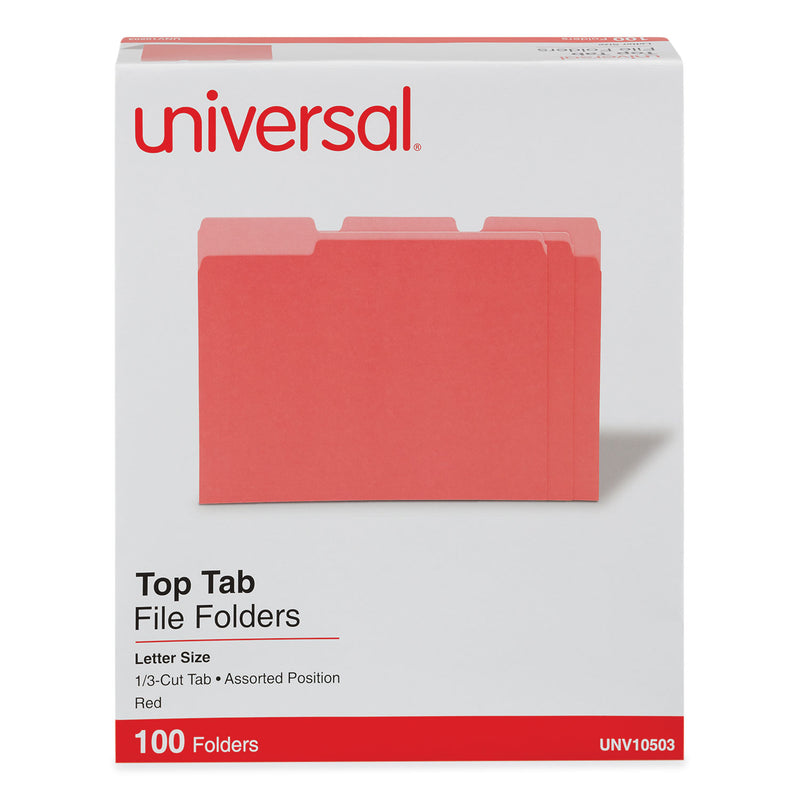 Universal Deluxe Colored Top Tab File Folders, 1/3-Cut Tabs: Assorted, Letter Size, Red/Light Red, 100/Box