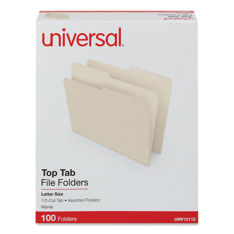 Universal Top Tab File Folders, 1/2-Cut Tabs: Assorted, Letter Size, 0.75" Expansion, Manila, 100/Box