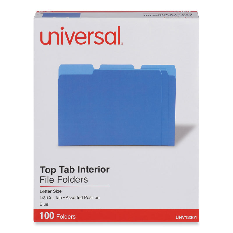 Universal Interior File Folders, 1/3-Cut Tabs: Assorted, Letter Size, 11-pt Stock, Blue, 100/Box