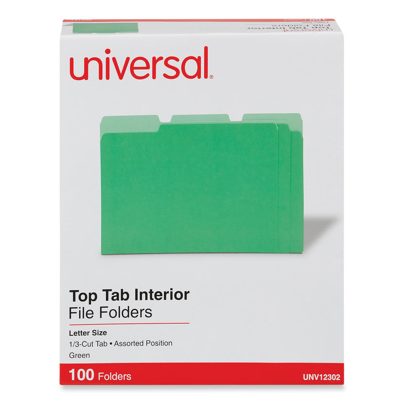 Universal Interior File Folders, 1/3-Cut Tabs: Assorted, Letter Size, 11-pt Stock, Green, 100/Box