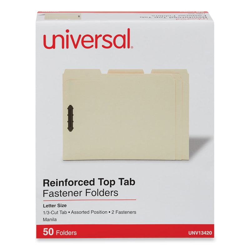 Universal Deluxe Reinforced Top Tab Fastener Folders, 2 Fasteners, Letter Size, Manila Exterior, 50/Box
