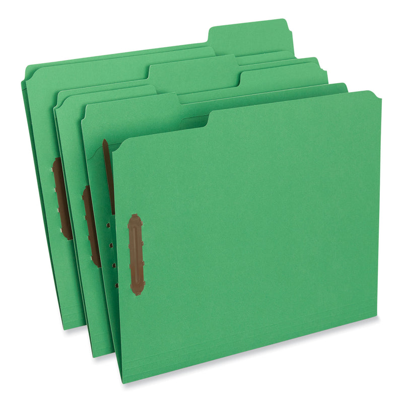 Universal Deluxe Reinforced Top Tab Fastener Folders, 2 Fasteners, Letter Size, Green Exterior, 50/Box