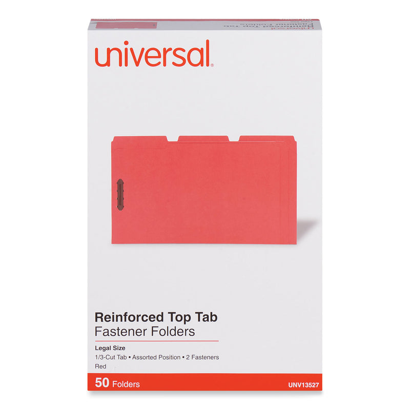 Universal Deluxe Reinforced Top Tab Fastener Folders, 2 Fasteners, Legal Size, Red Exterior, 50/Box