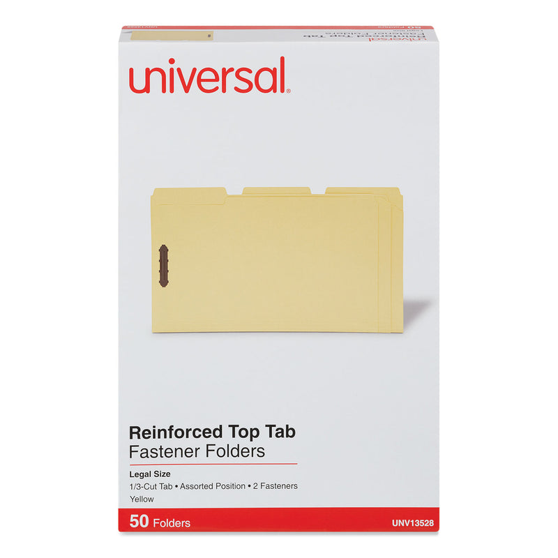 Universal Deluxe Reinforced Top Tab Fastener Folders, 2 Fasteners, Legal Size, Yellow Exterior, 50/Box