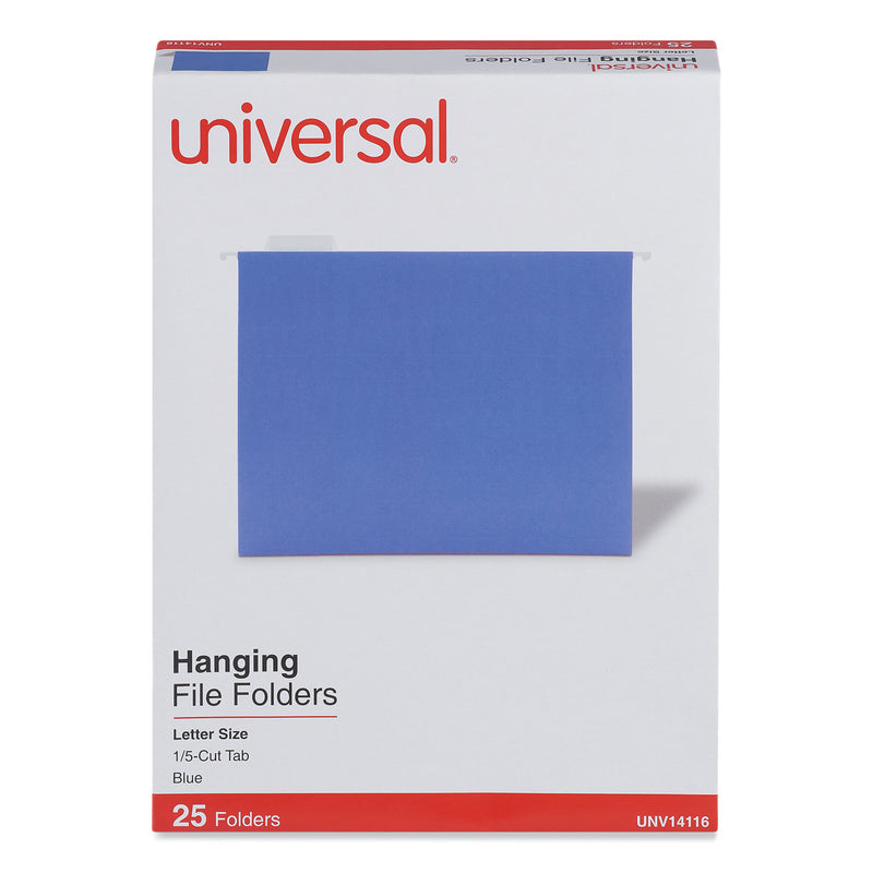 Universal Deluxe Bright Color Hanging File Folders, Letter Size, 1/5-Cut Tabs, Blue, 25/Box