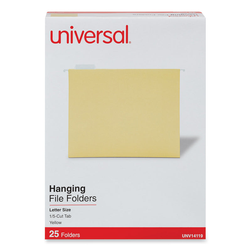 Universal Deluxe Bright Color Hanging File Folders, Letter Size, 1/5-Cut Tabs, Yellow, 25/Box