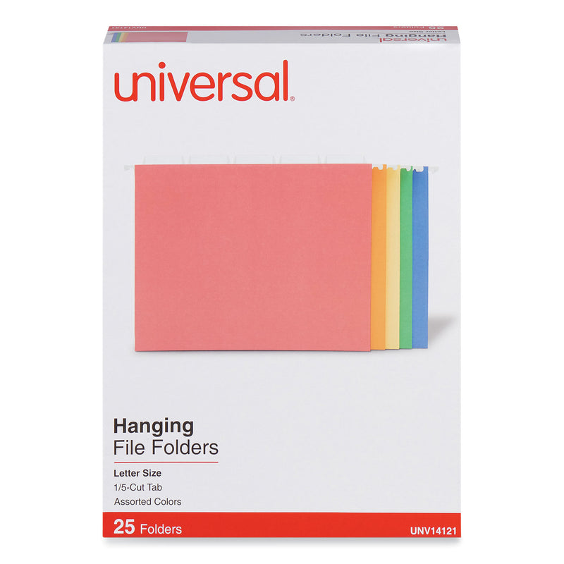 Universal Deluxe Bright Color Hanging File Folders, Letter Size, 1/5-Cut Tabs, Assorted Colors, 25/Box