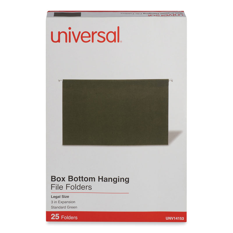 Universal Box Bottom Hanging File Folders, 3" Capacity, Legal Size, 1/5-Cut Tabs, Standard Green, 25/Box
